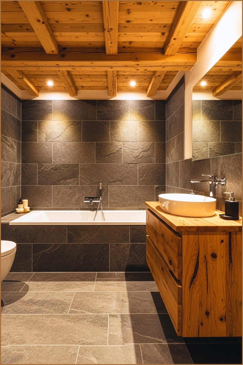 Modern Rustic Bathroom With Dark Stone Tile Walls And Floors