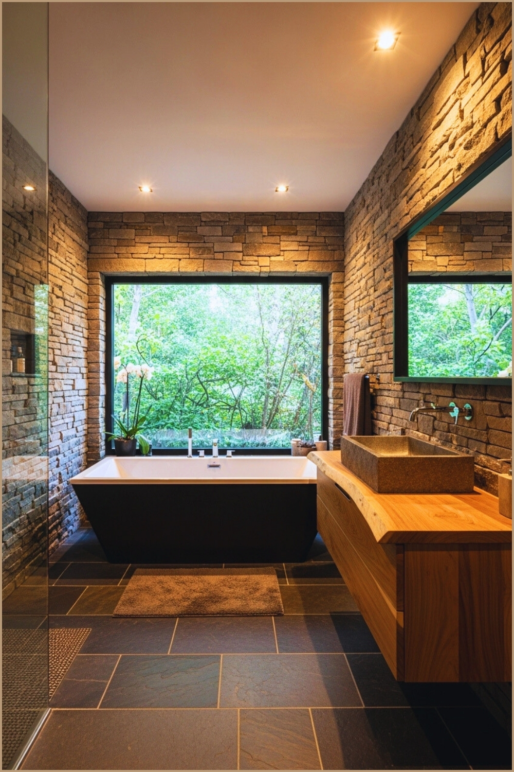 Modern Rustic Bathroom With Full Stacked-stone Walls