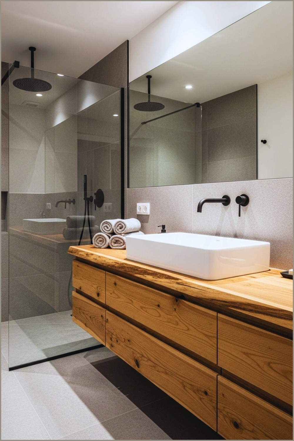 Modern Rustic Bathroom With Natural Raw Wood Vanity