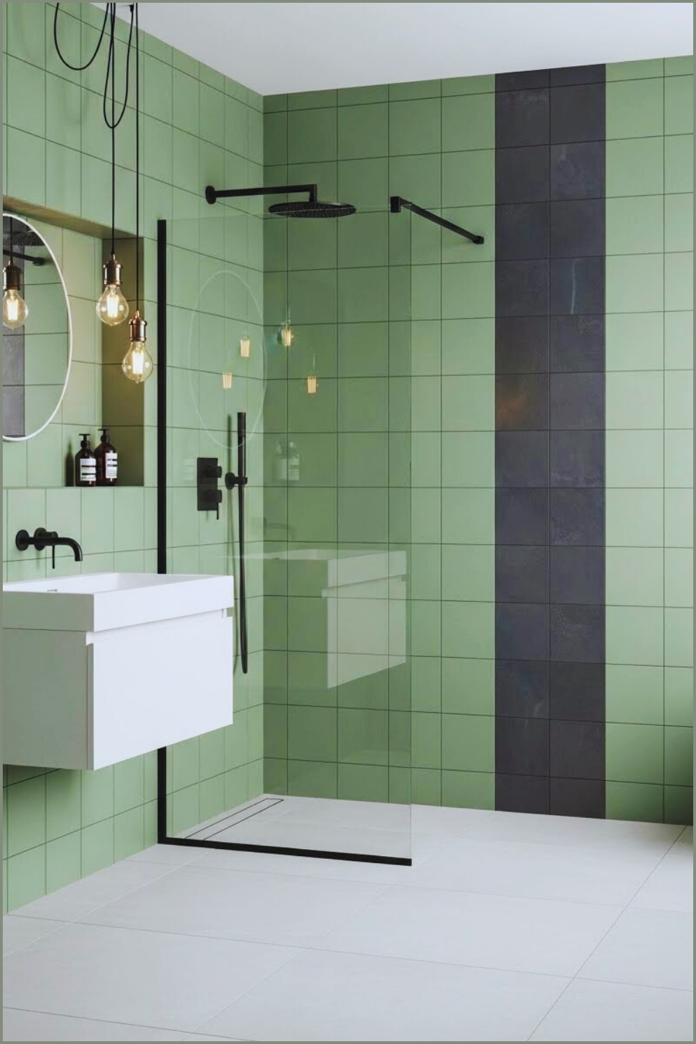 Modern Sage Green Bathroom With Matte Wall Tiles