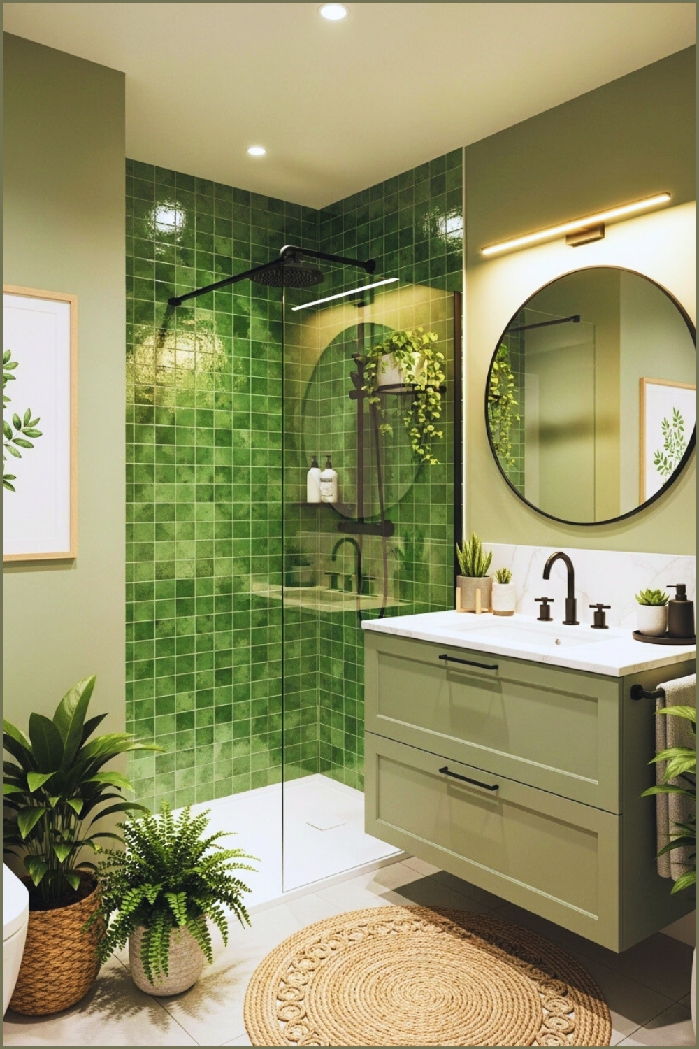 Modern Sage-green Bathroom With Green Zellige Tiled Shower