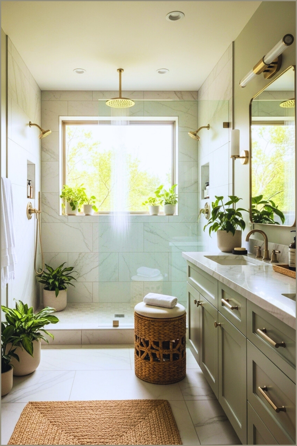 Modern Sage-green Bathroom With Marble Tiled Shower