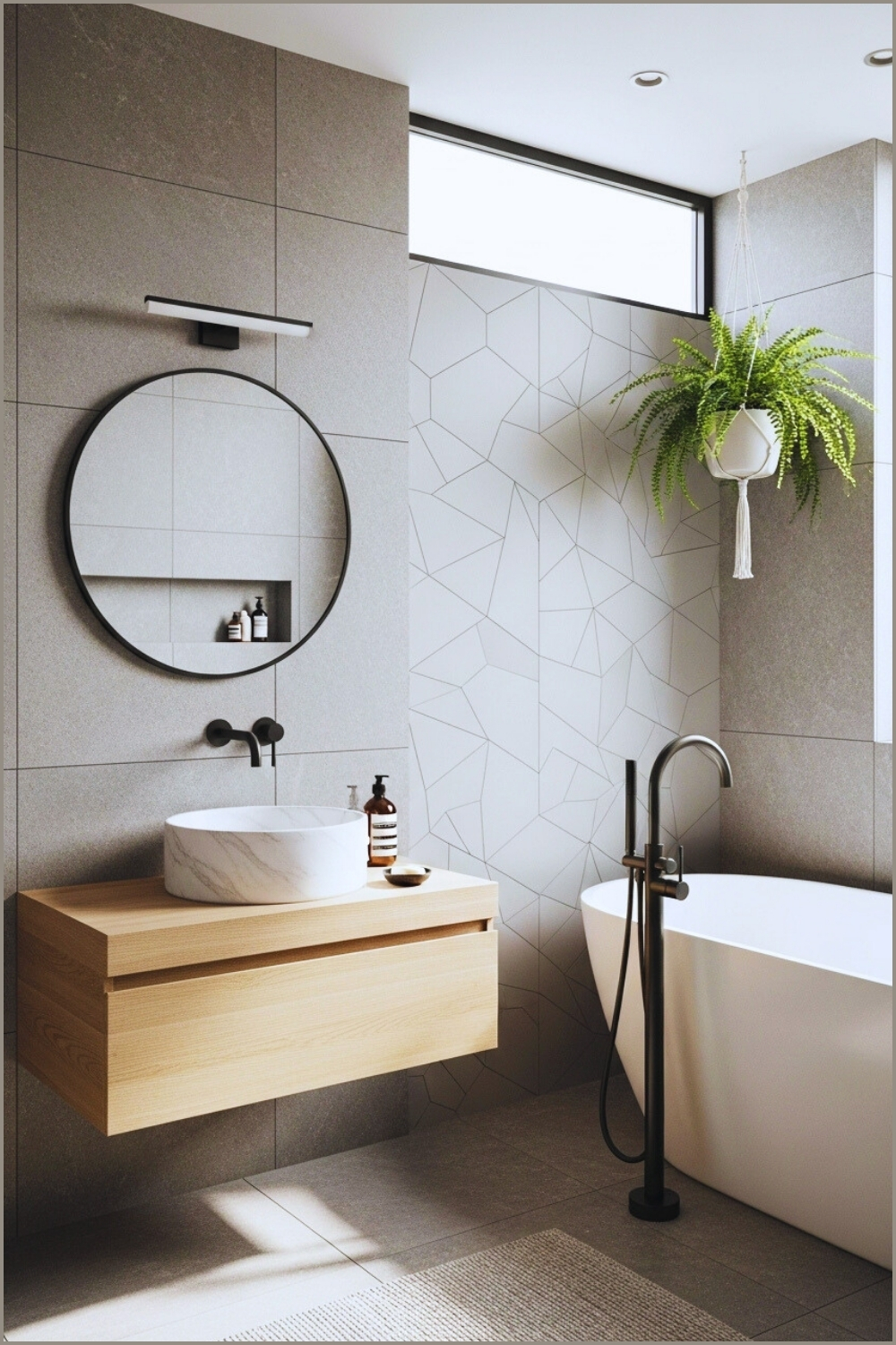 Modern Scandinavian Bathroom With Large Gray Stone Tile Walls