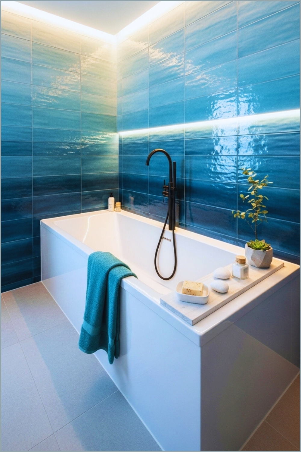 Modern Serene Bathroom With Ocean Blue Gradient Textured Tiles