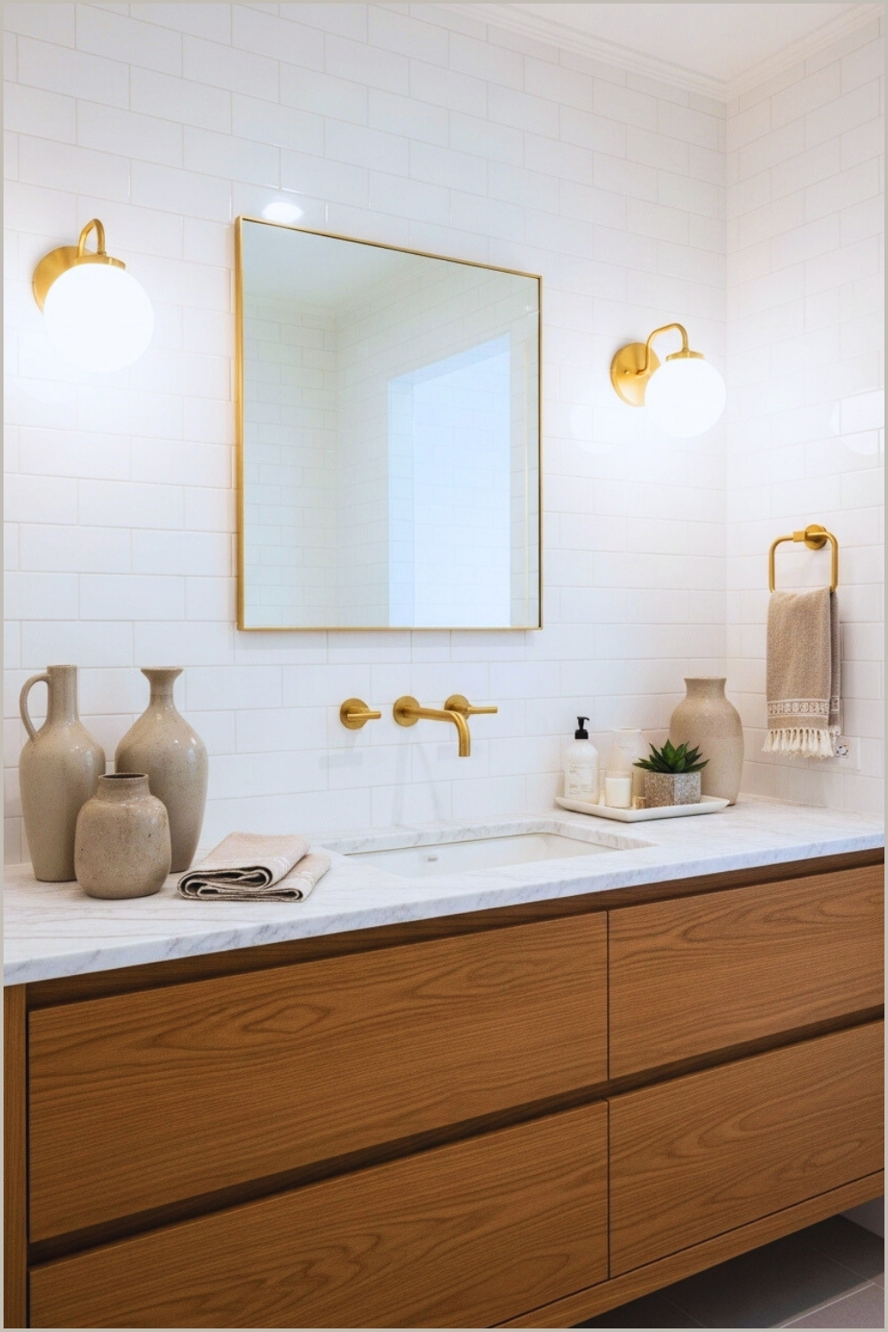 Modern Serene Bathroom With Warm Natural Wood Vanity