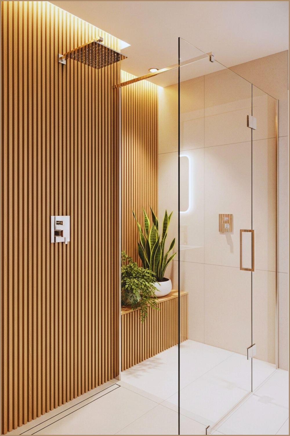 Modern Shower Space With Vertical Wooden Slat Wall
