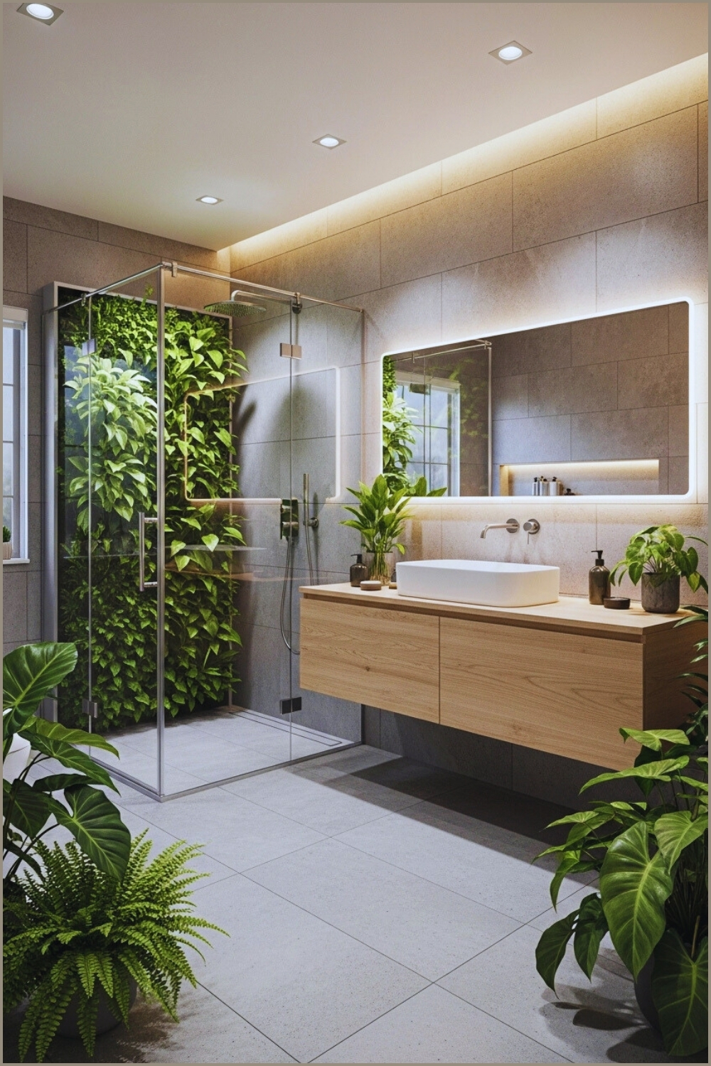 Modern Spa Like Bathroom With Lush Vertical Garden Wall