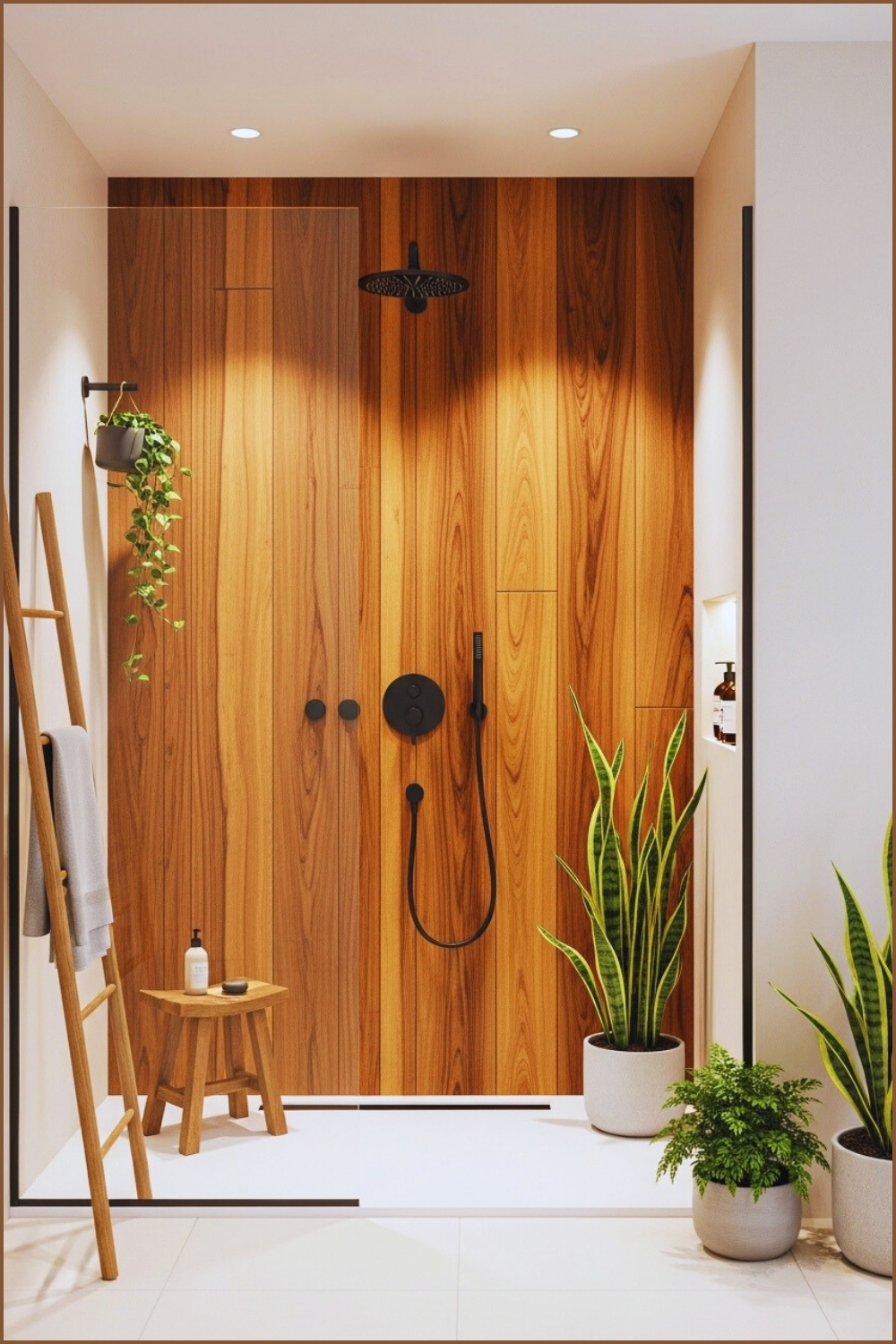 Modern Walk-in Shower With Natural Wood Panel Feature Wall