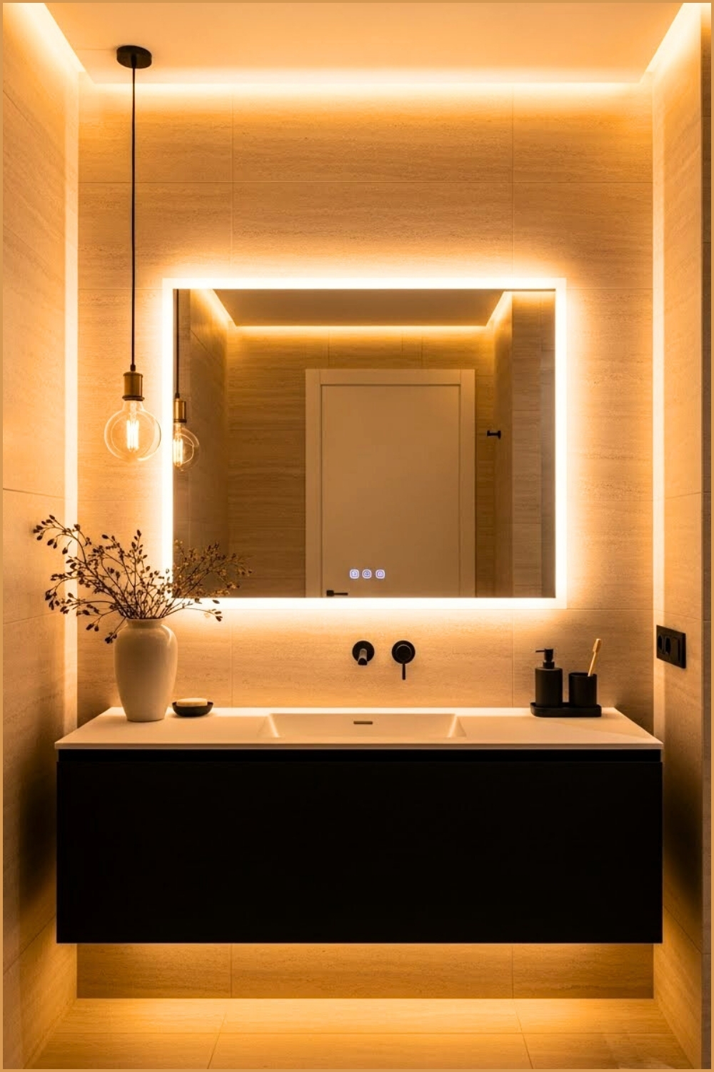 Modern Warm-lit Bathroom With Floating Black Vanity