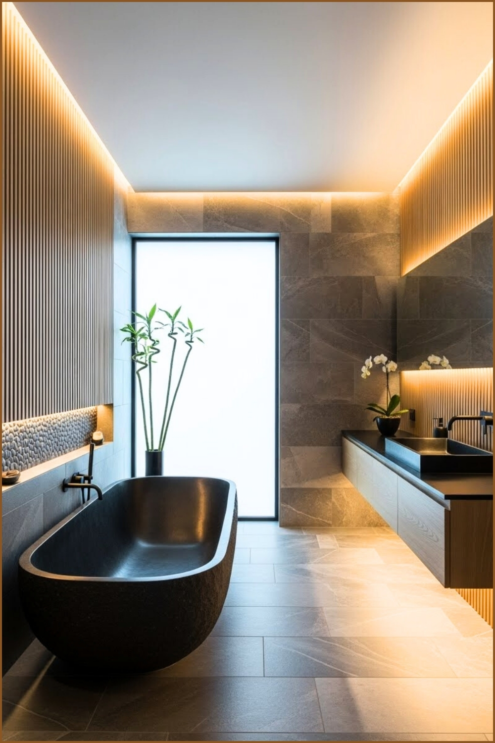 Modern Zen Bathroom Featuring A Deep Matte-black Stone Tub