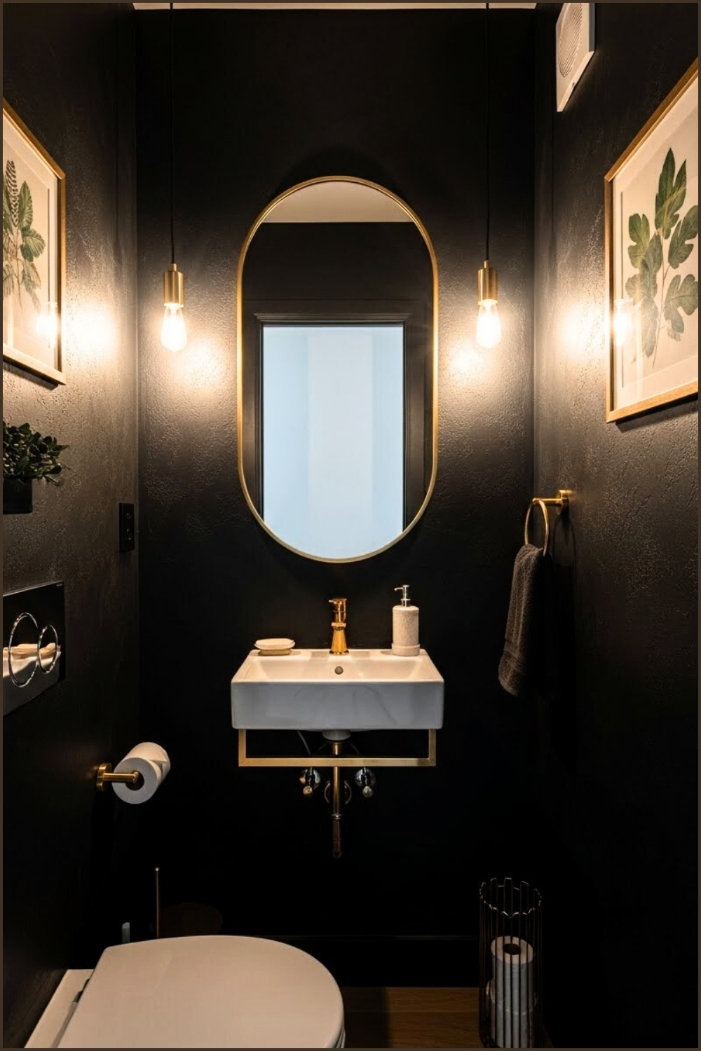 Moody Black Powder Room, Textured Matte Black Walls