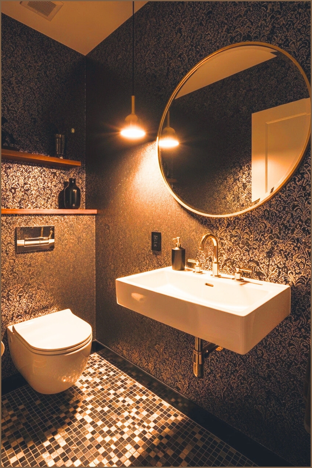 Moody Elegant Powder Room With Dark Patterned Wallpaper