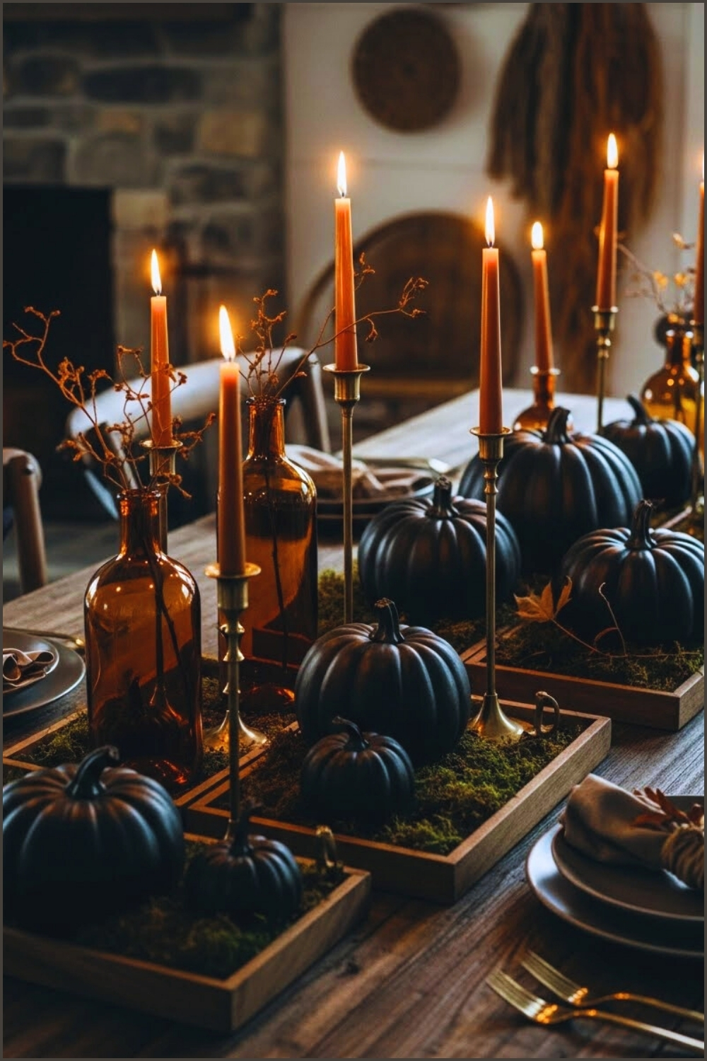 Moody Fall Dining Table Styled With Matte Black Pumpkins