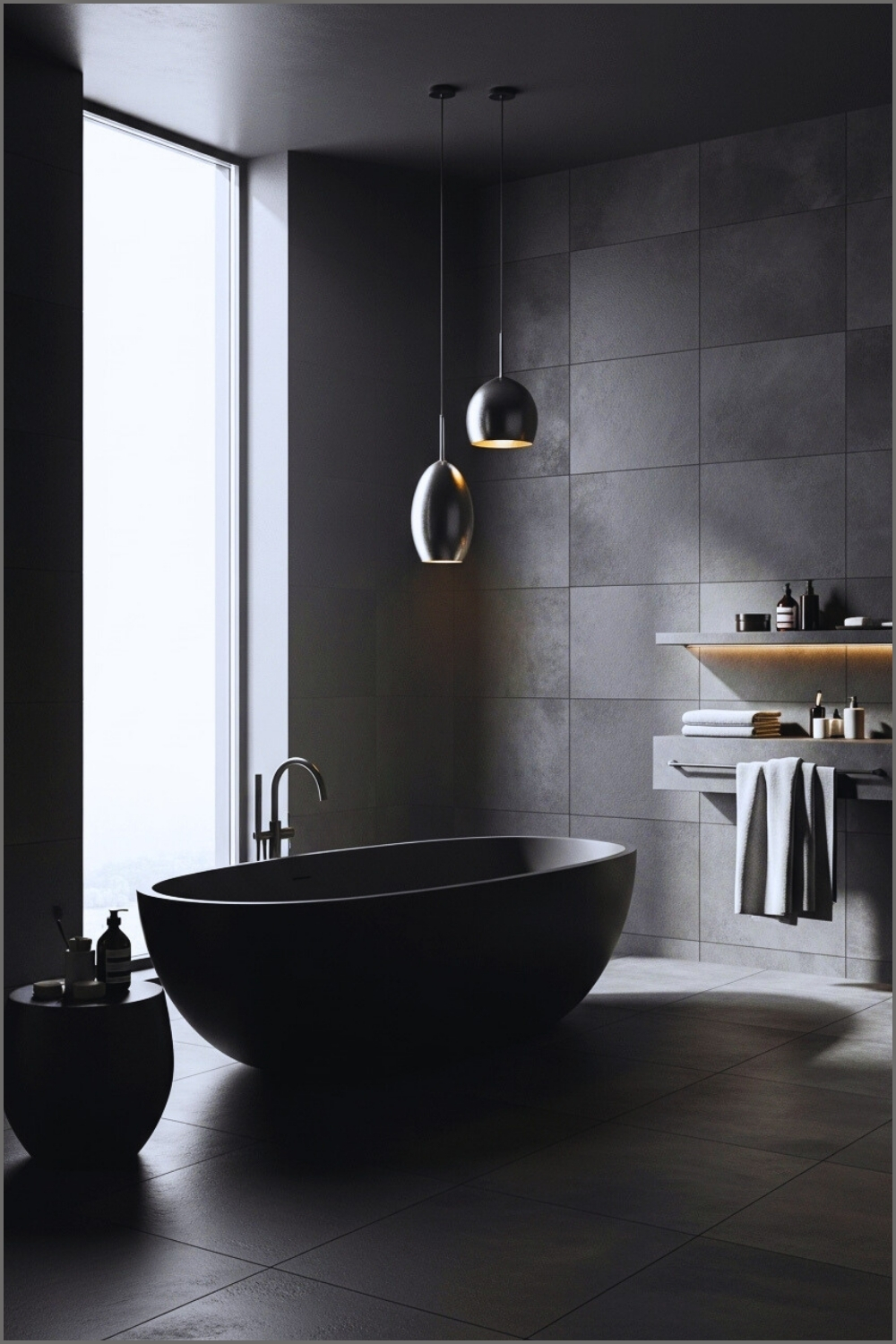 Moody Luxury Bathroom With Dark Matte Gray Stone Tiles