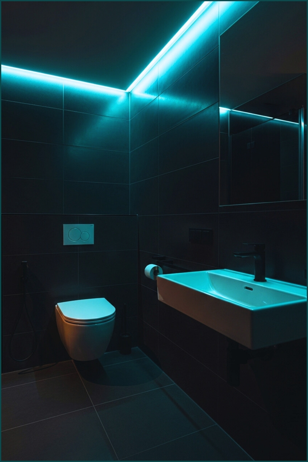Moody Modern Bathroom At Night, Soft Teal Led Ceiling Glow
