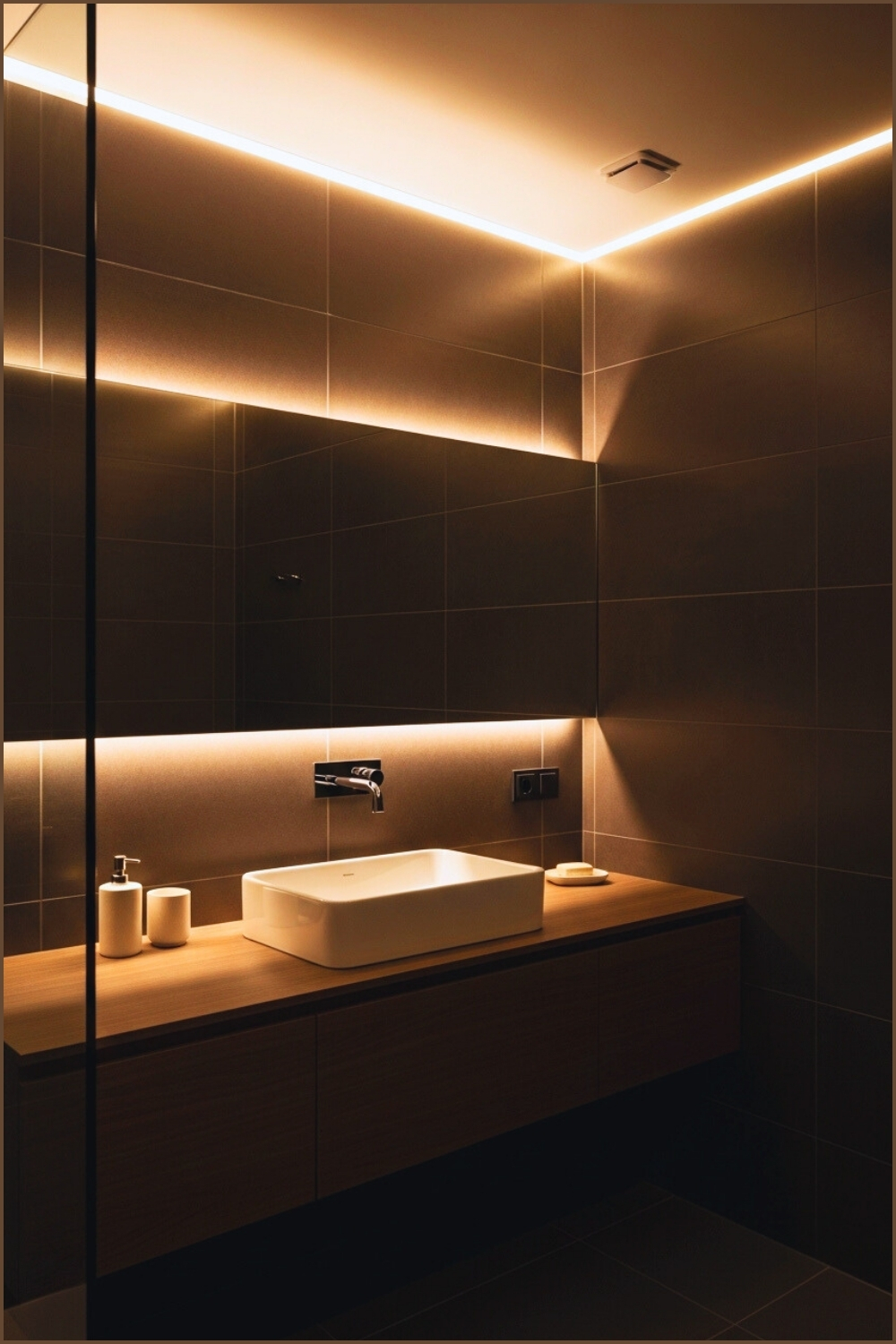 Moody Modern Bathroom, Dark Chocolate Brown Wall Tiles