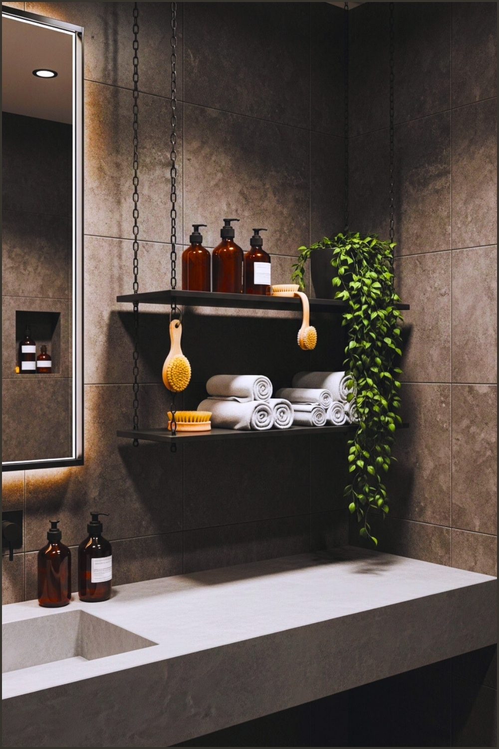 Moody Modern Bathroom With Dark Stone Tile Walls