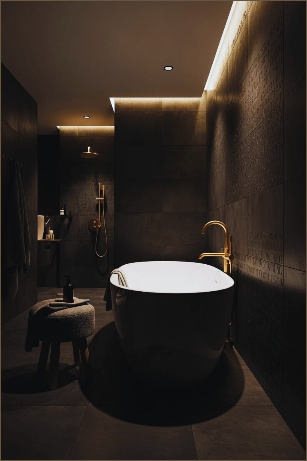 Moody Modern Bathroom With Deep Charcoal Textured Tiles
