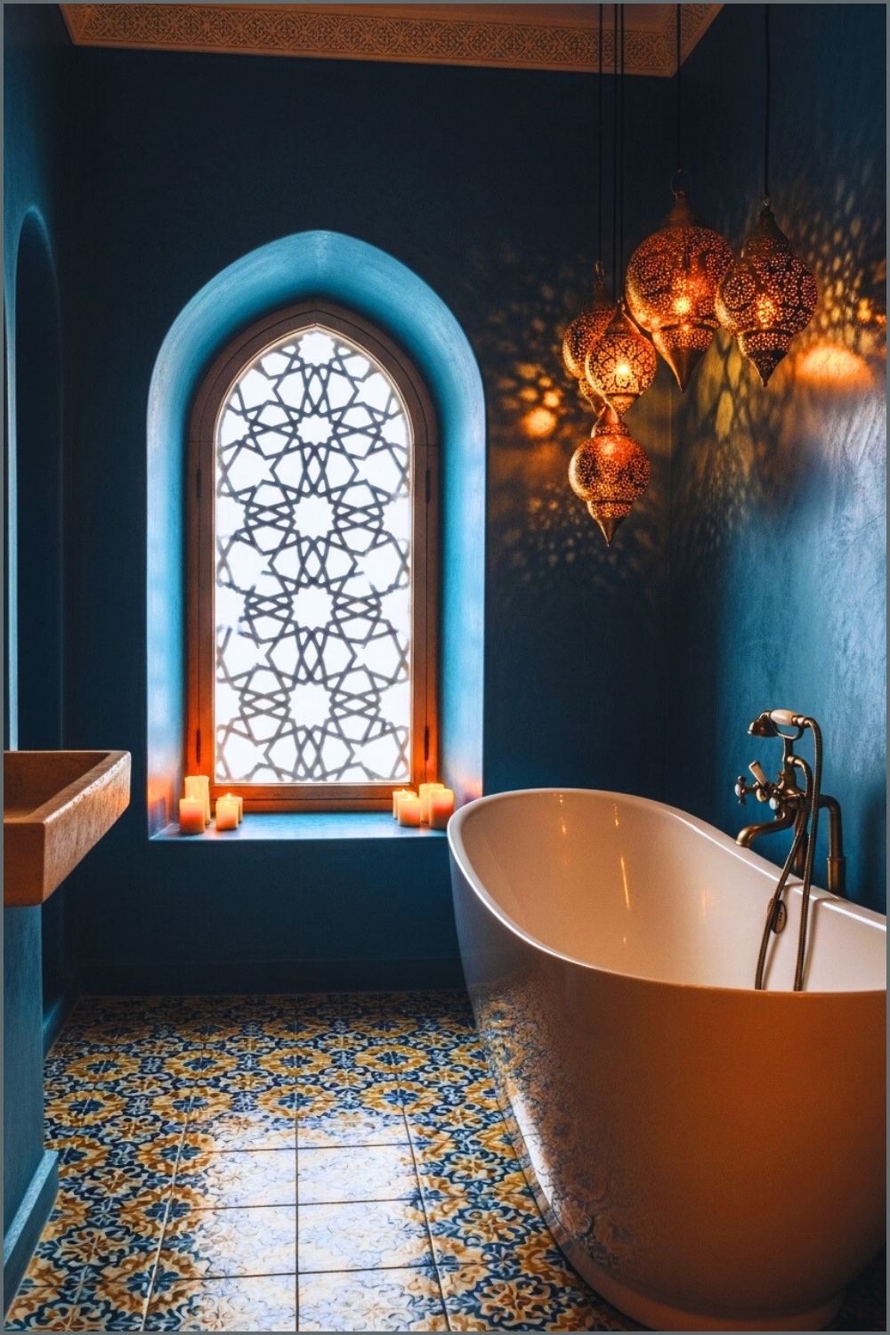 Moody Moroccan Inspired Bathroom With Deep Blue Textured Walls