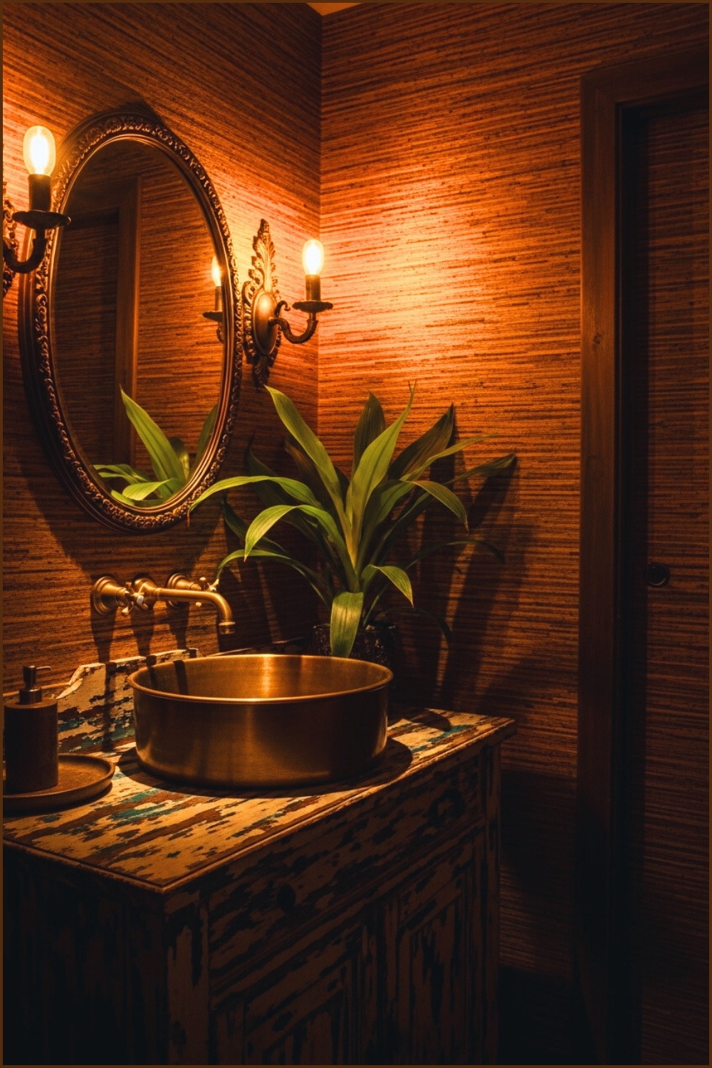 Moody Rustic Bathroom, Bronze Metal Basin Sink On Distressed
