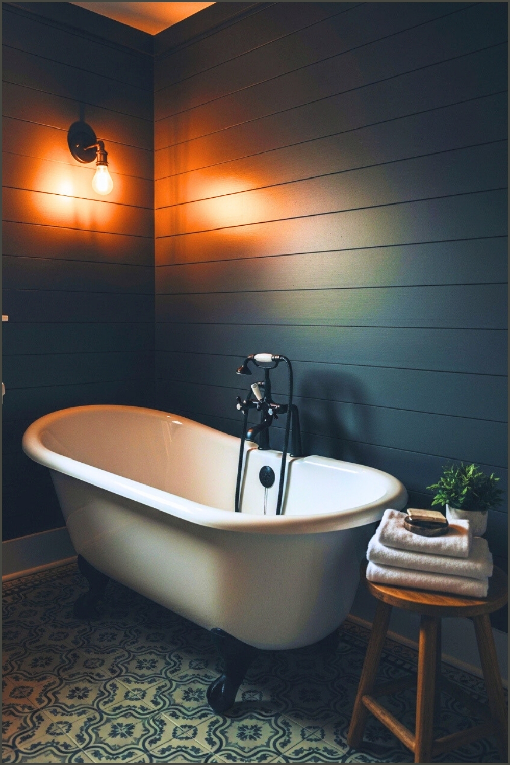 Moody Vintage Style Bathroom With Dark Charcoal Shiplap Walls