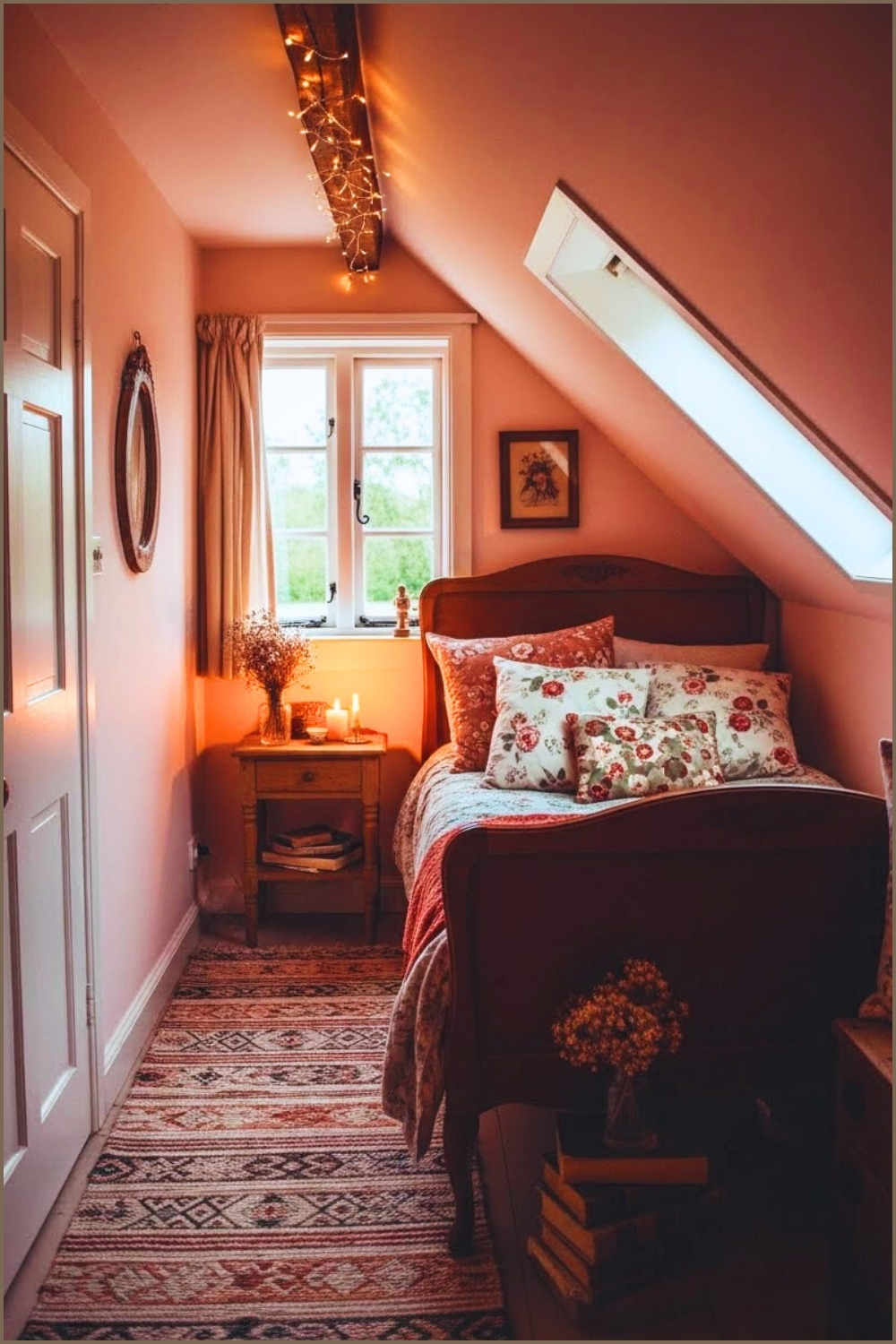 Narrow Attic Bedroom, Sloped Ceiling, Soft Pink Walls