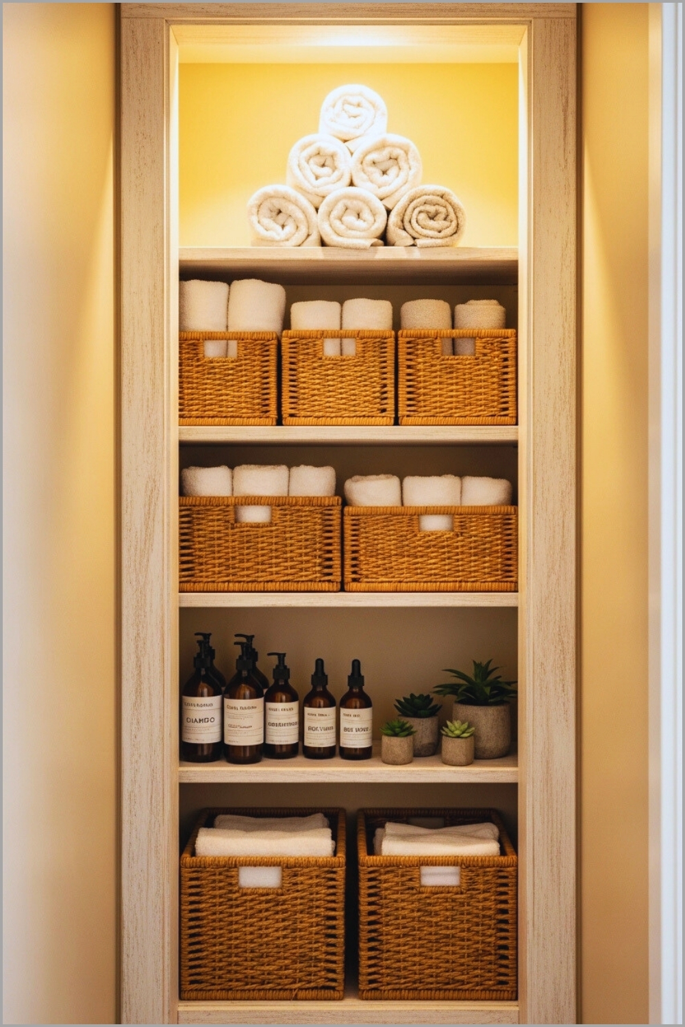 Narrow Bathroom Linen Closet With Neatly Arranged Wicker Baskets