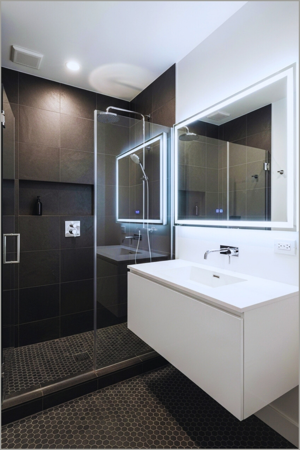 Narrow Bathroom, Modern Dark Stone Shower Wall, Glass Shower
