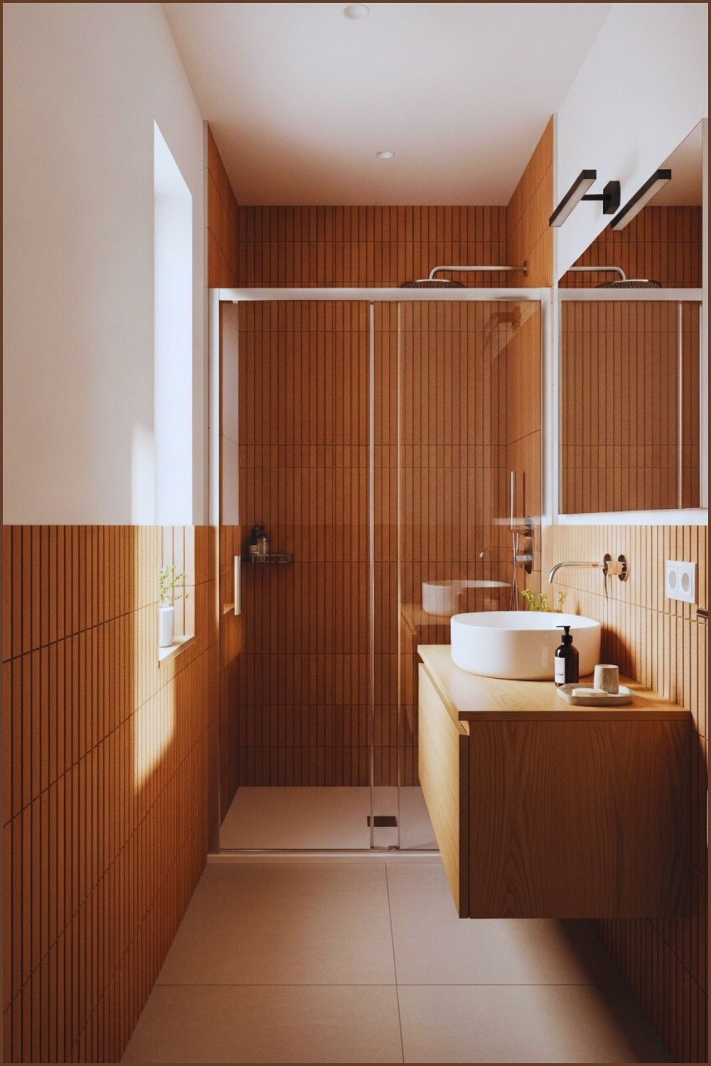Narrow Bathroom, Terracotta Vertical Tiles, White Upper Walls