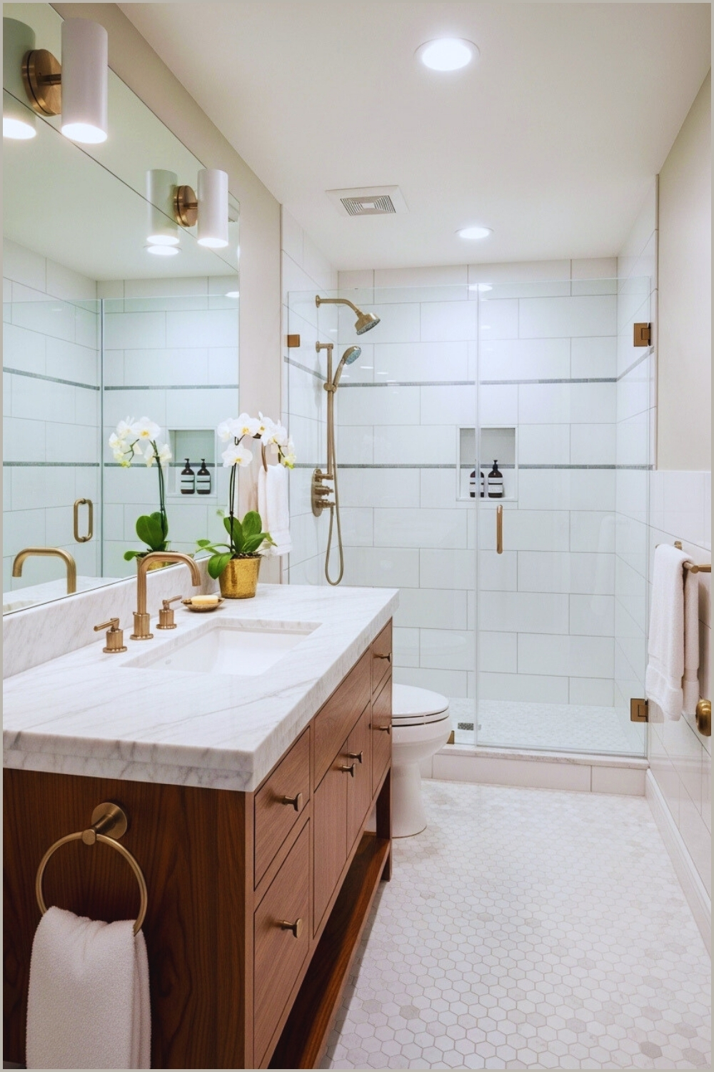 Narrow Bathroom, Walnut Vanity With Marble Top, Glass Shower