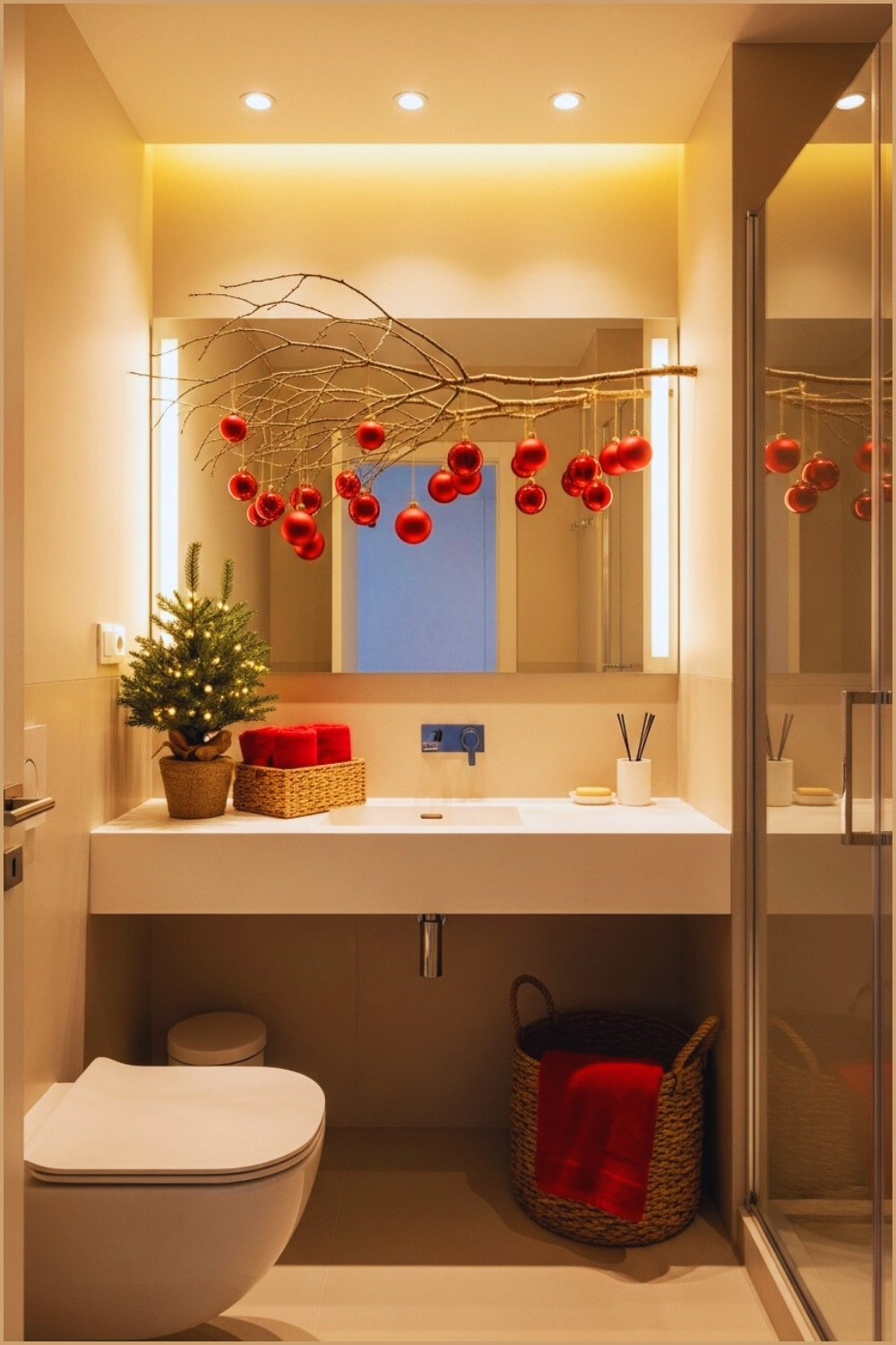Narrow Contemporary Bathroom Decorated For Christmas, Bare Tree Branch
