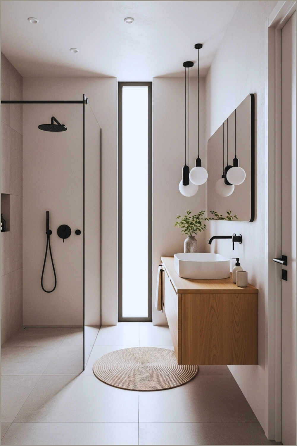 Narrow Minimalist Bathroom, Light Wood Floating Vanity, White Walls