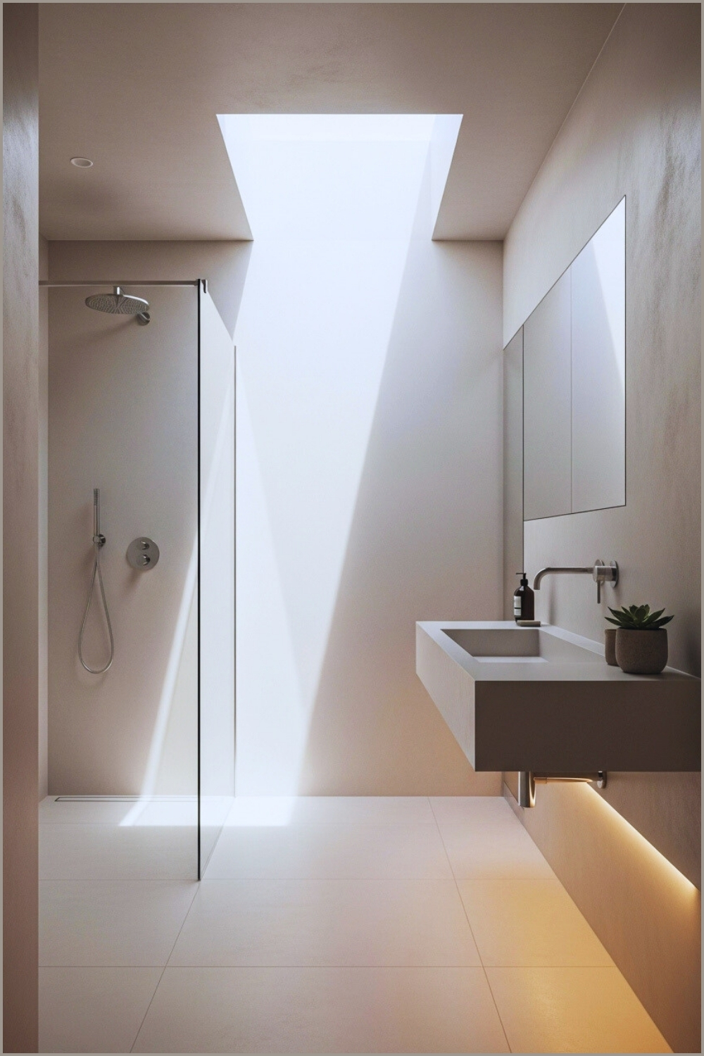 Narrow Minimalist White Bathroom, Skylight Beam Lighting