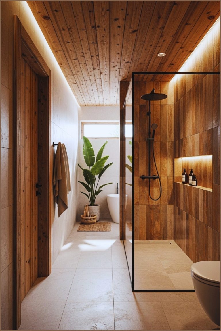 Narrow Rustic Modern Bathroom, Natural Wood Ceiling