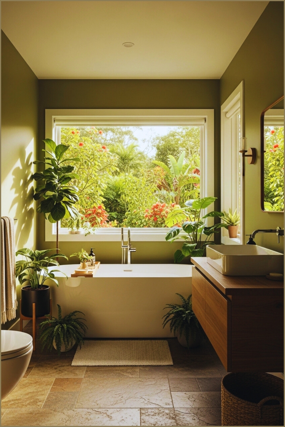Nature Inspired Bathroom With Olive Green Walls