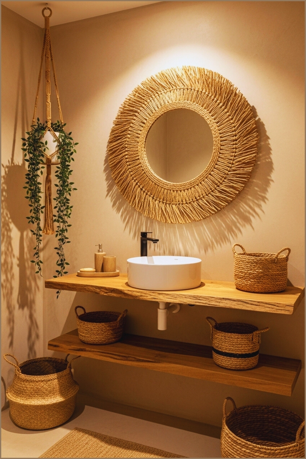 Neutral Boho Bathroom, Beige Walls, Large Round Woven Mirror