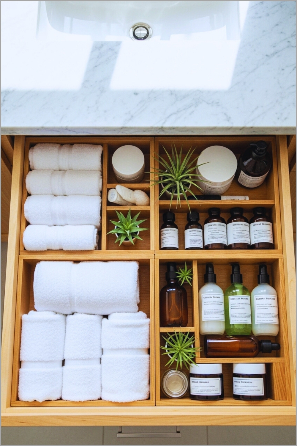 Open Bathroom Vanity Drawer System With Wooden Organizers