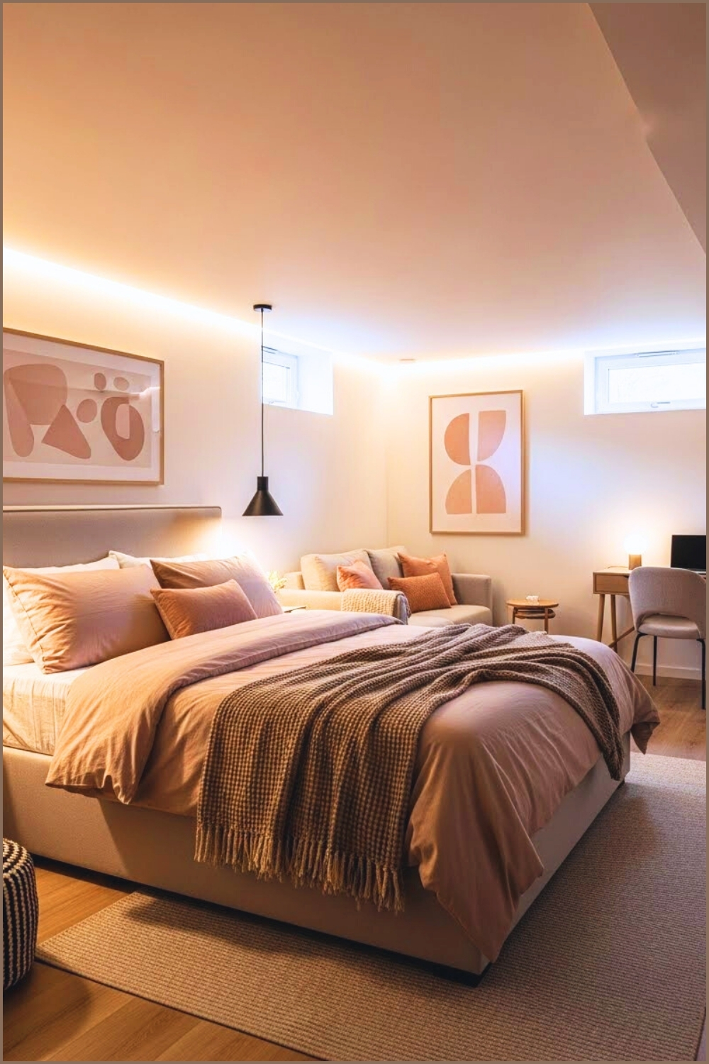 Open Concept Basement Bedroom With Integrated Lounge And Workspace