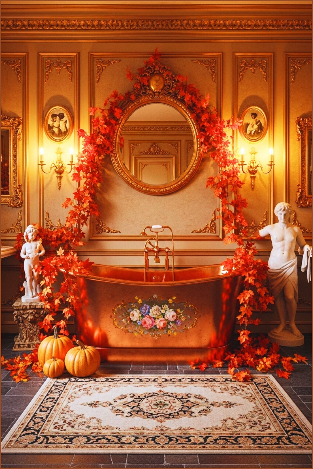 Opulent Autumn Inspired Bathroom Featuring A Copper