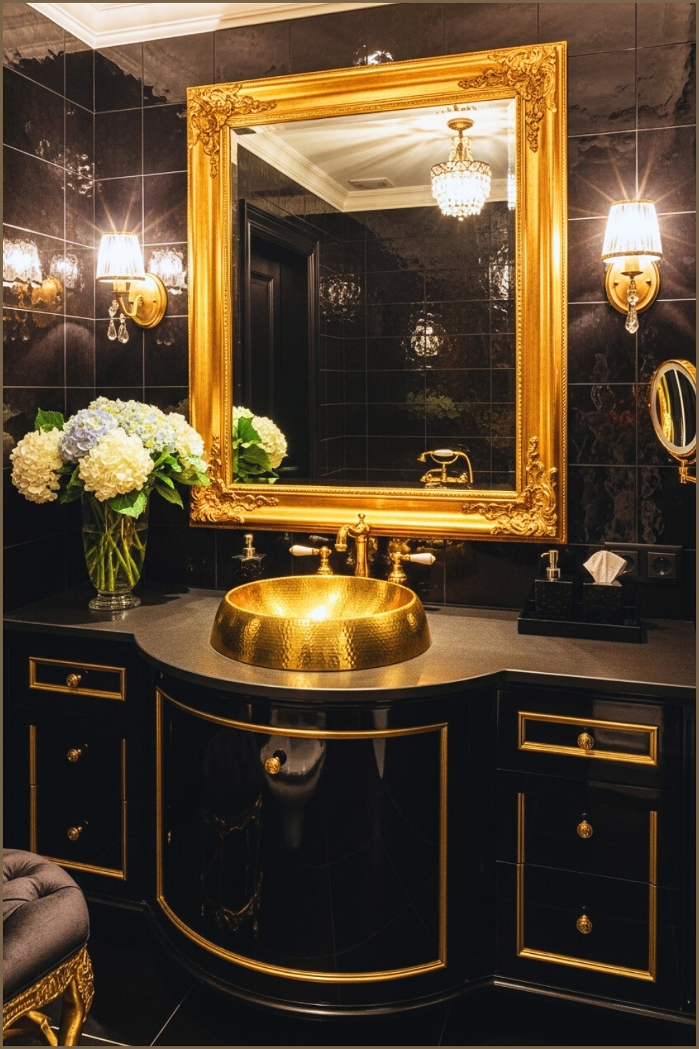 Opulent Black And Gold Bathroom, Curved Glossy Vanity