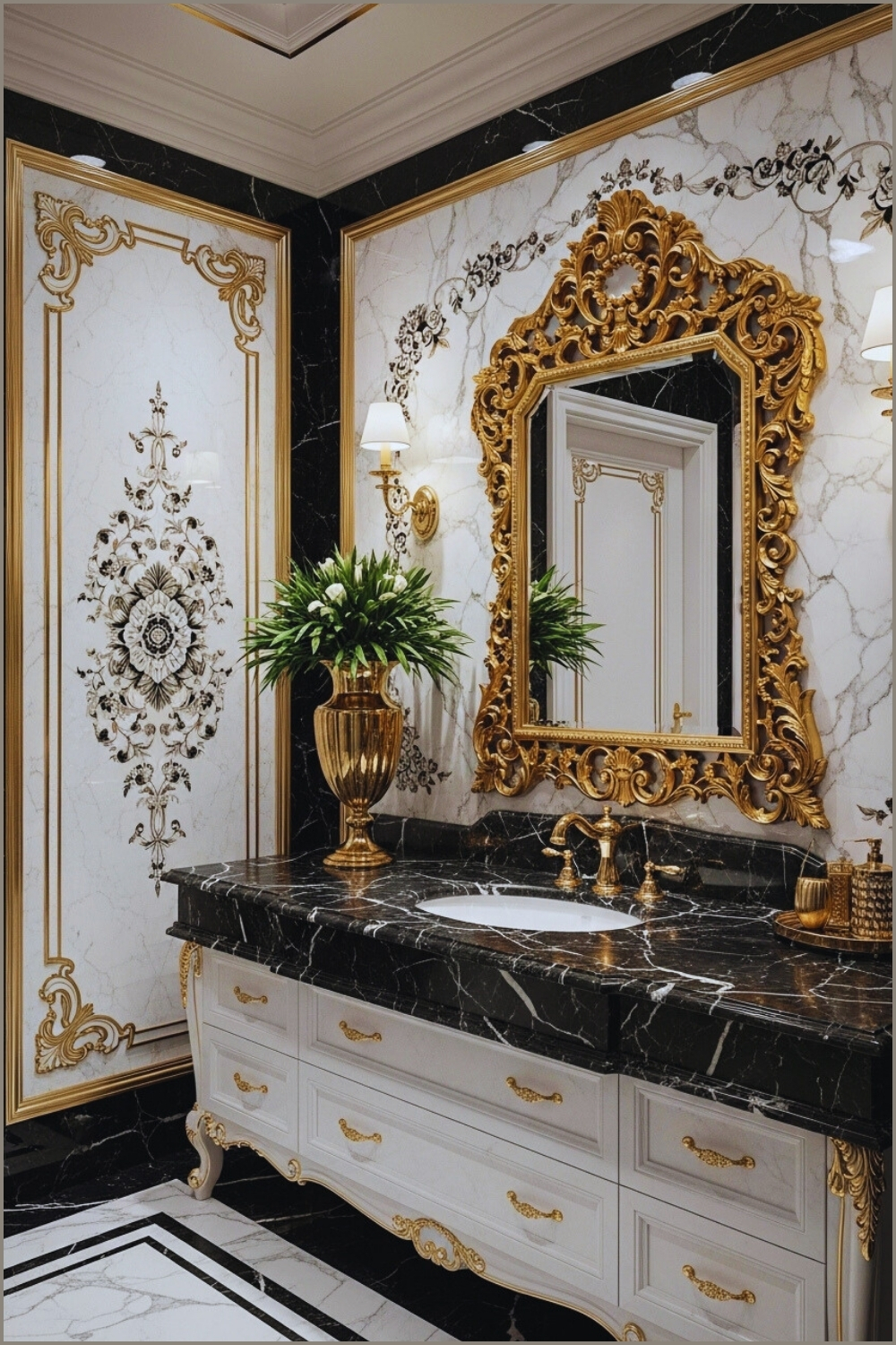 Opulent Black And White Marble Bathroom With Ornate Gold Accents