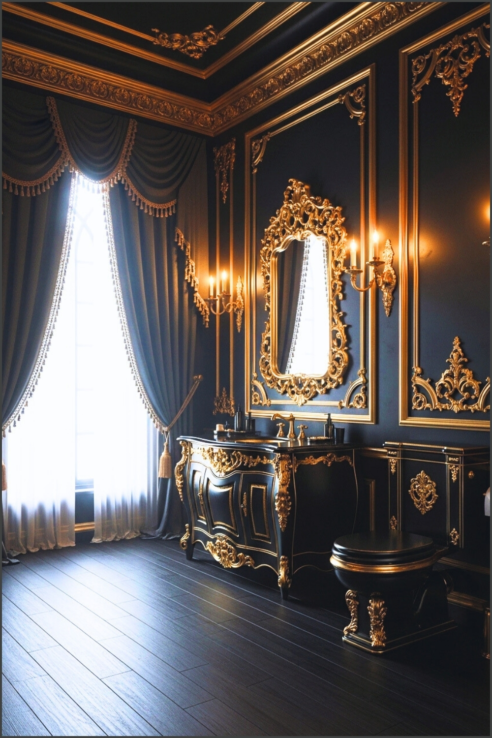 Opulent Gothic Bathroom Interior With Dramatic Black And Gold