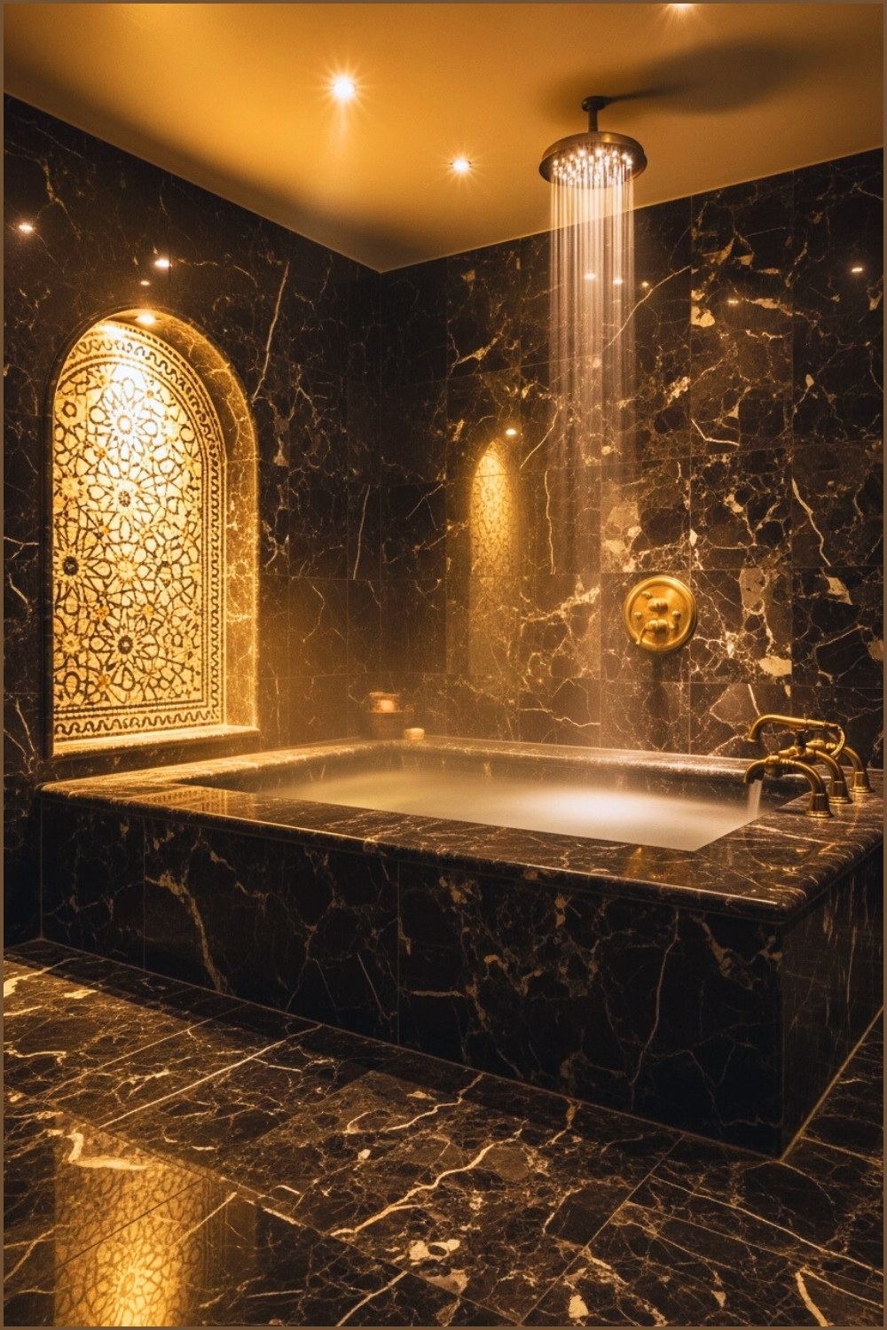Opulent Hammam-inspired Spa Bathroom, Polished Dark Marble Walls