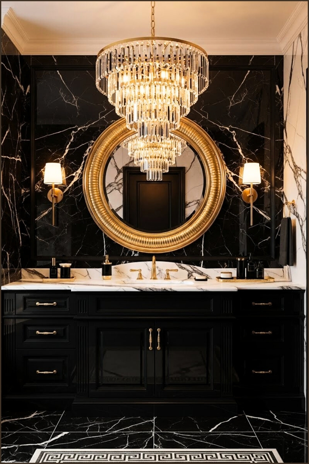 Opulent Luxury Bathroom, Dramatic Black Walls With Marble Veining