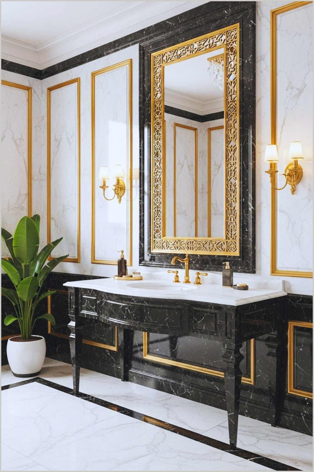 Opulent Luxury Bathroom With Black And White Marble