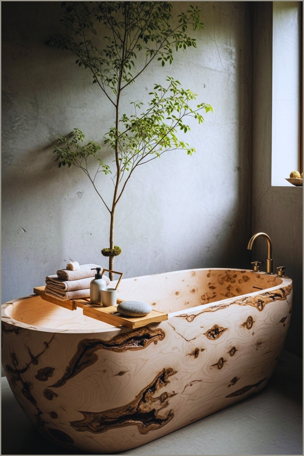 Organic Rustic Bathroom, Freestanding Bathtub Carved From Natural Wood