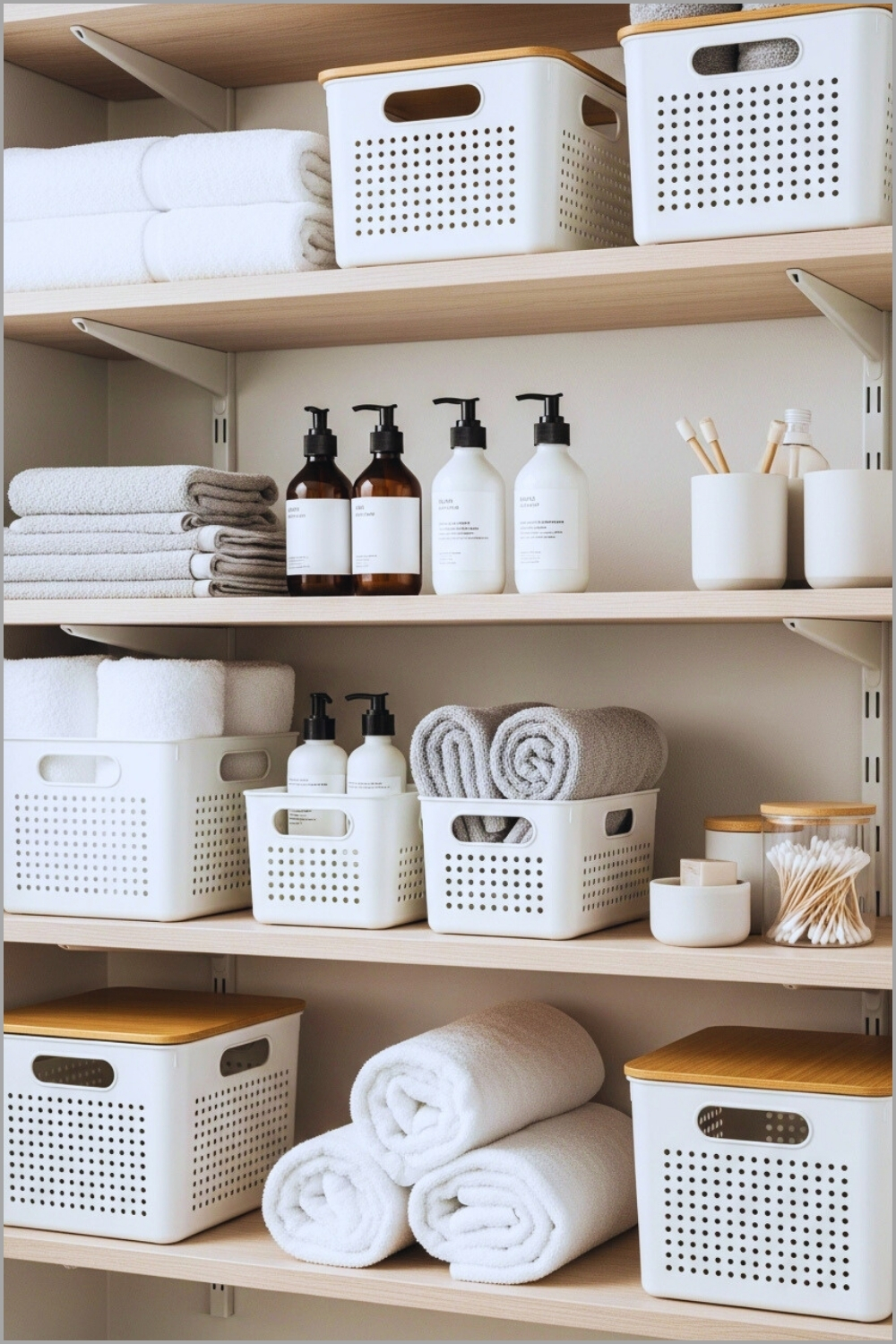 Organized Bathroom Storage Shelves With White Perforated Baskets