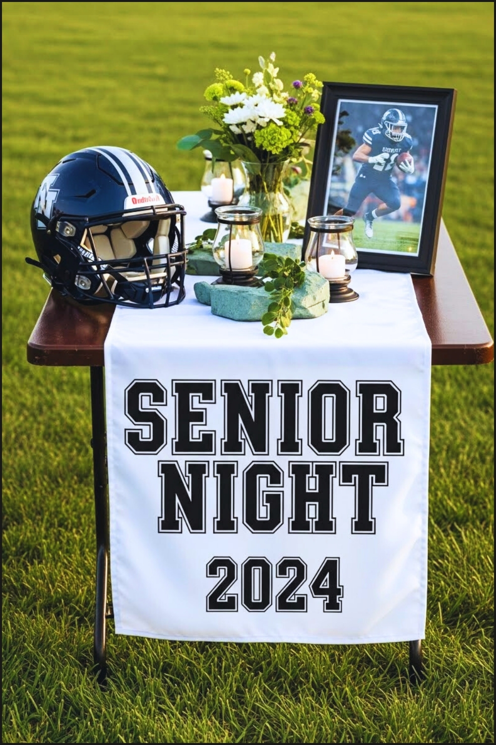 Outdoor Football Senior Night Table Set On Green Grass
