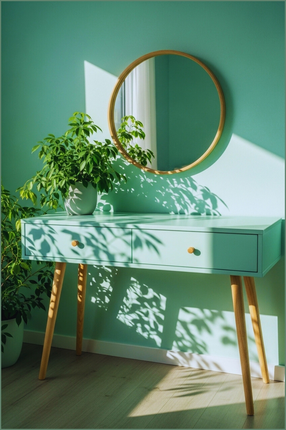 Pastel Mint Green Vanity With Tapered Wooden Legs, Soft Morning Sunlight Casting