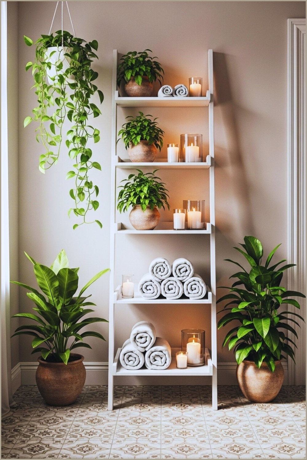 Peaceful Bathroom With White Ladder Shelf, Lush Green Plants